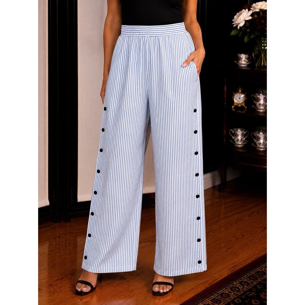 Women's Blue & White Striped Wide Leg Pants Elastic Waist Side Snap Buttons